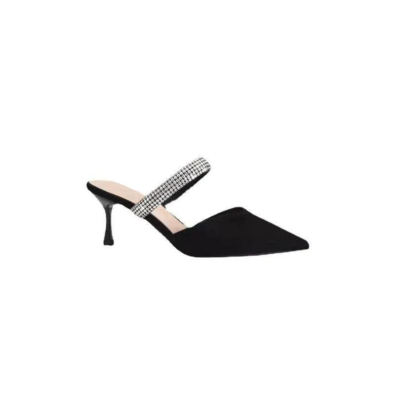 Black  Rhinestone Pointy Stiletto heel Sandals 671551594825