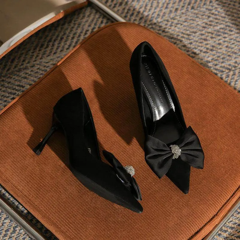 Black Suede Bowknot Pointy Stiletto Heels 746813568399