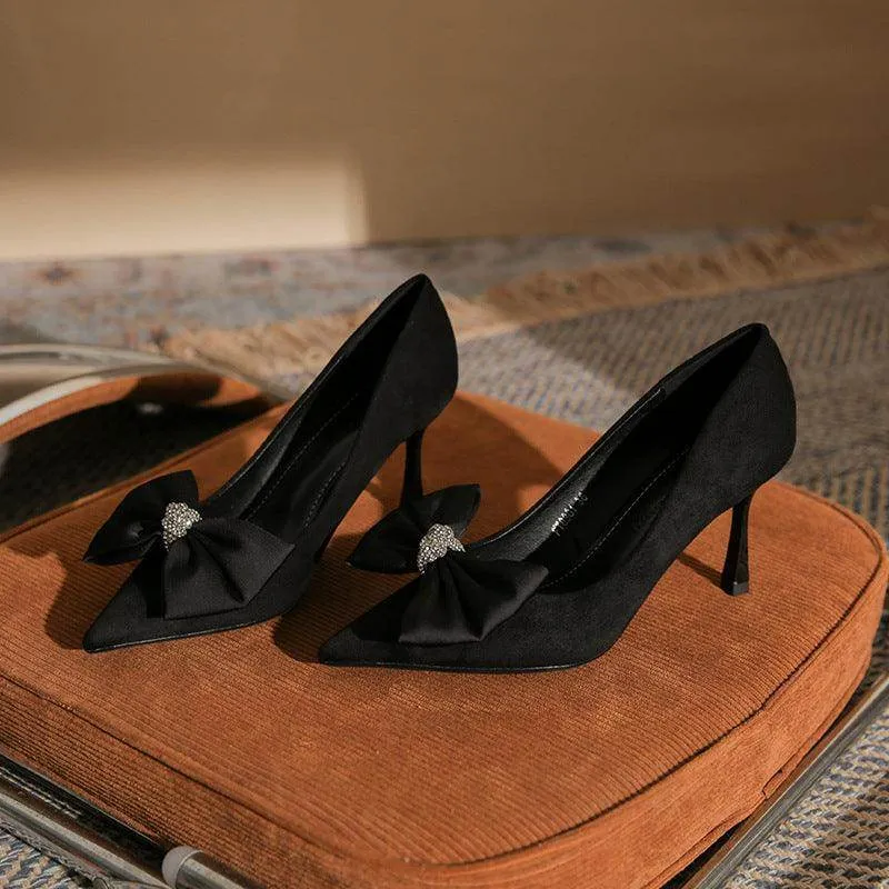 Black Suede Bowknot Pointy Stiletto Heels 746813568399