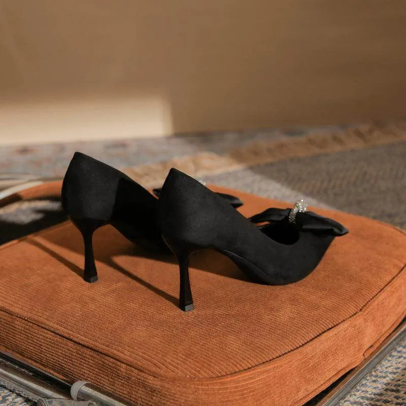 Black Suede Bowknot Pointy Stiletto Heels 746813568399