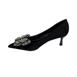 Black Suede Rhinestone Bowknot Pointy Stiletto Heels 770222542136