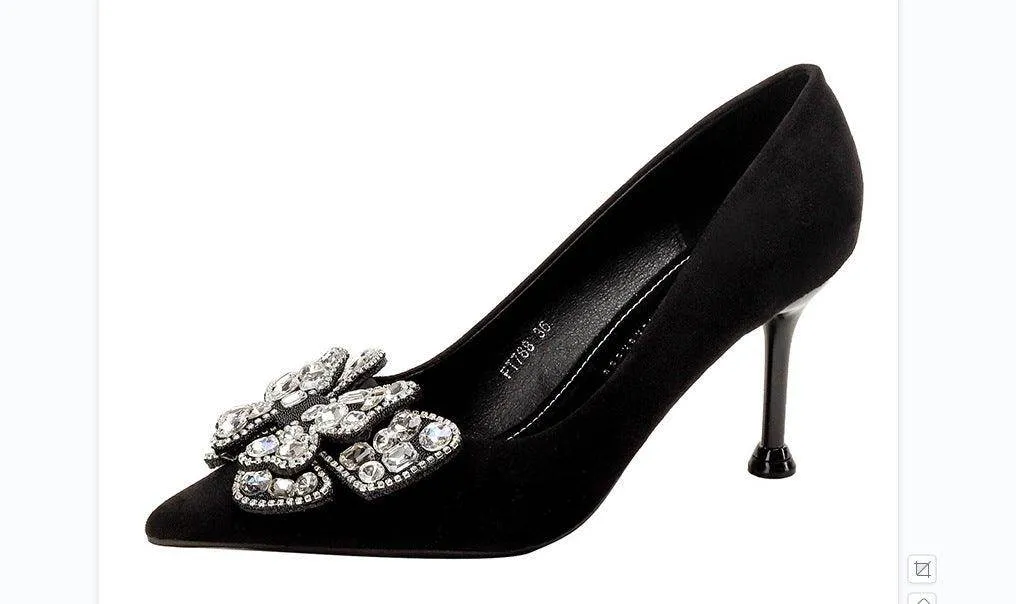 Black Suede Rhinestone Bowknot Pointy Stiletto Heels 770222542136