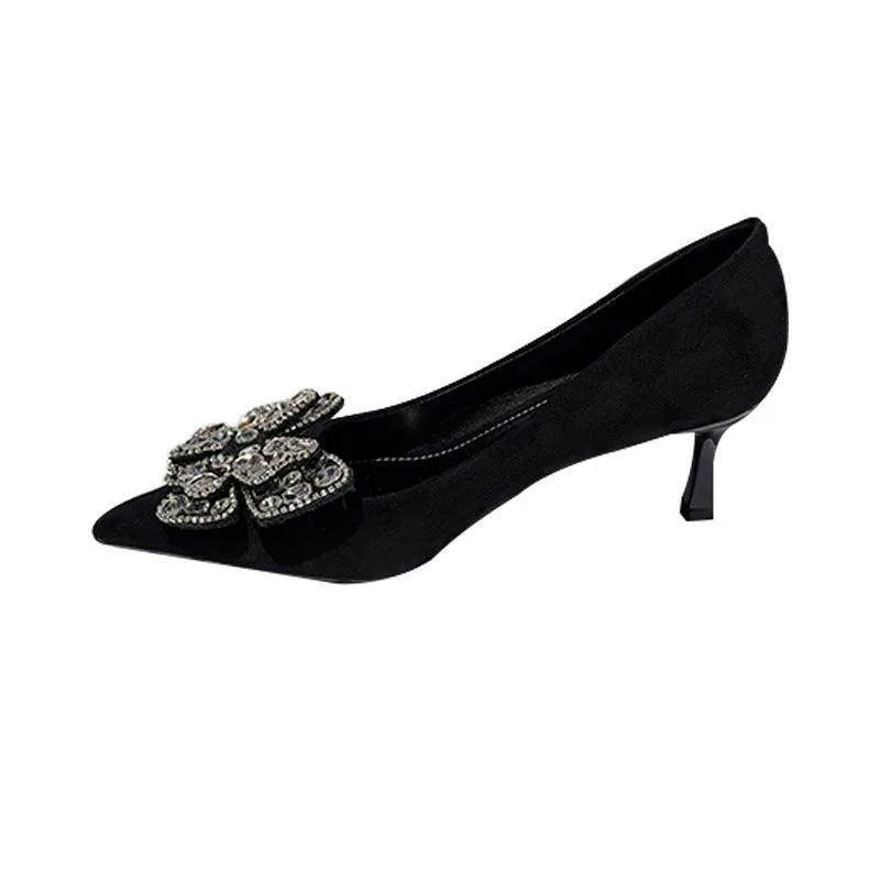 Black Suede Rhinestone Bowknot Pointy Stiletto Heels 770222542136