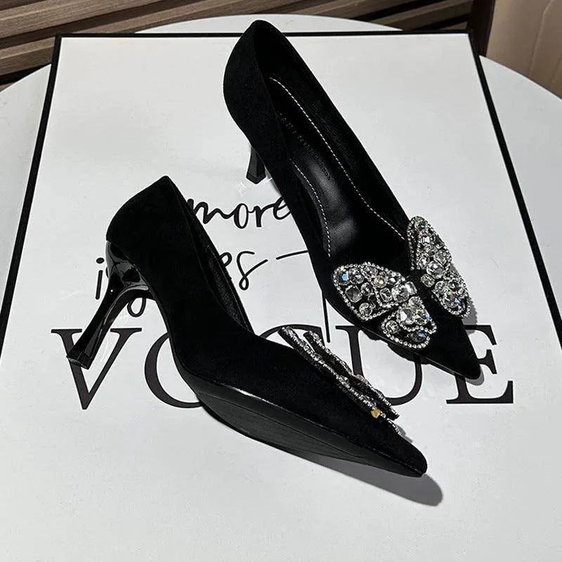Black Suede Rhinestone Bowknot Pointy Stiletto Heels 770222542136