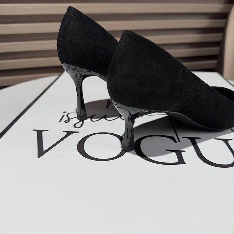 Black Suede Rhinestone Bowknot Pointy Stiletto Heels 770222542136