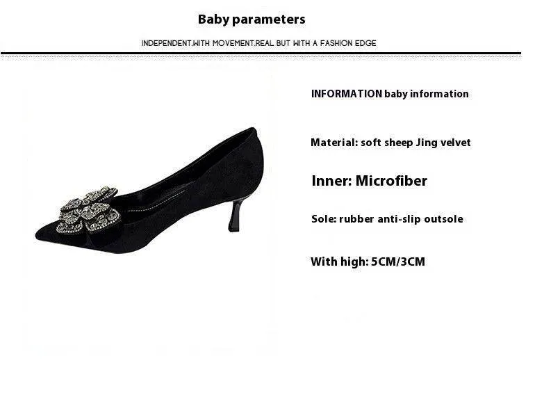 Black Suede Rhinestone Bowknot Pointy Stiletto Heels 770222542136