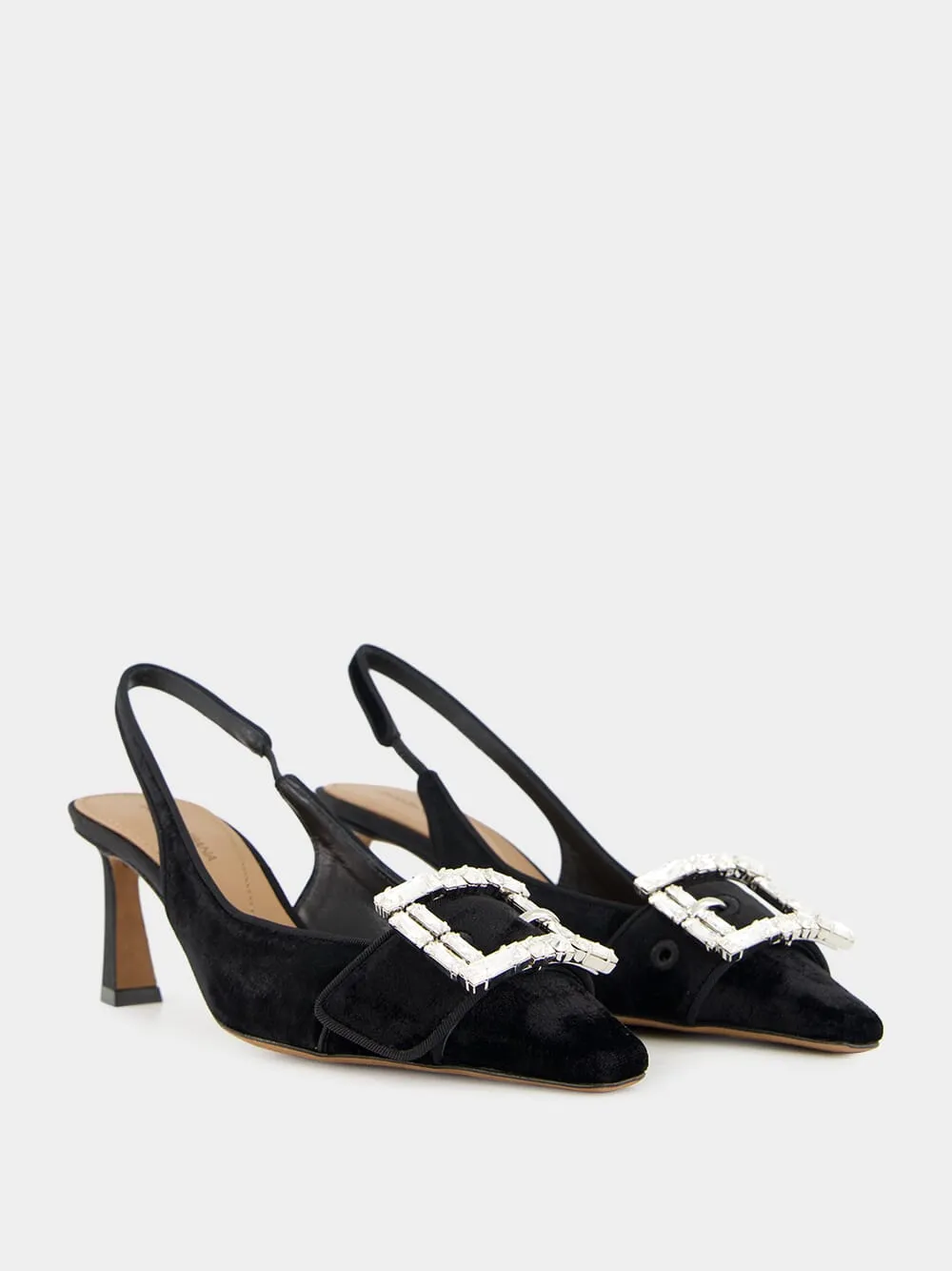 Black Velvet Slingbacks with Jeweled Buckle
