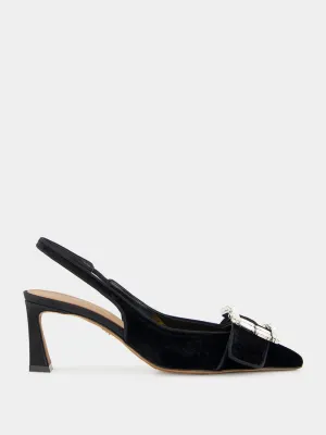 Black Velvet Slingbacks with Jeweled Buckle