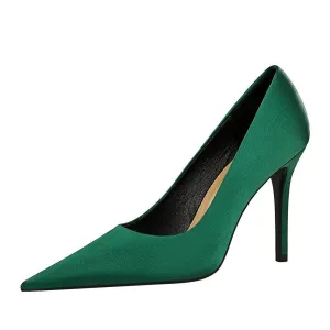 Green Satin Pointy Stiletto Heels 664584349468