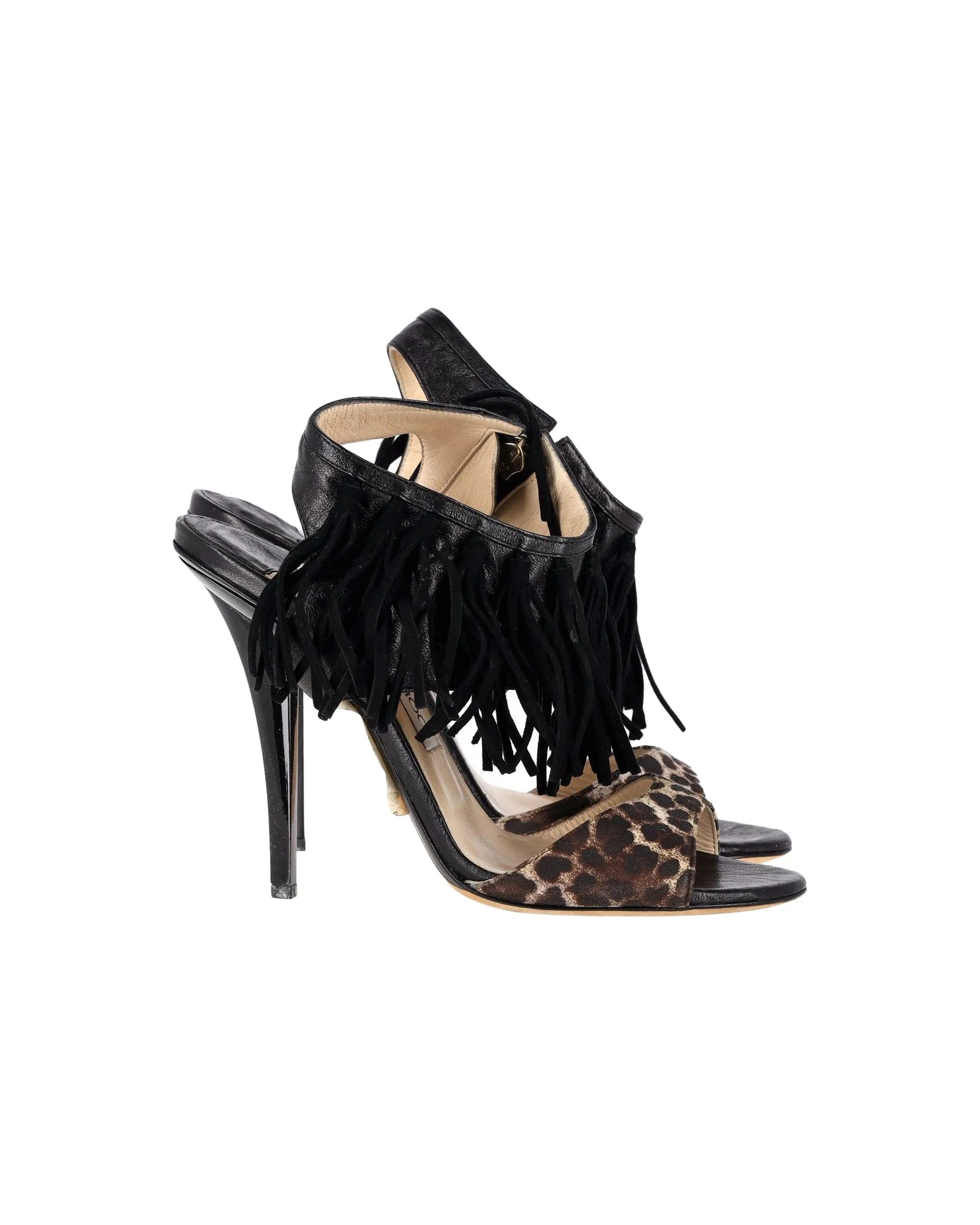Jimmy Choo Leopard-Print Fringe Sandals in Black Leather