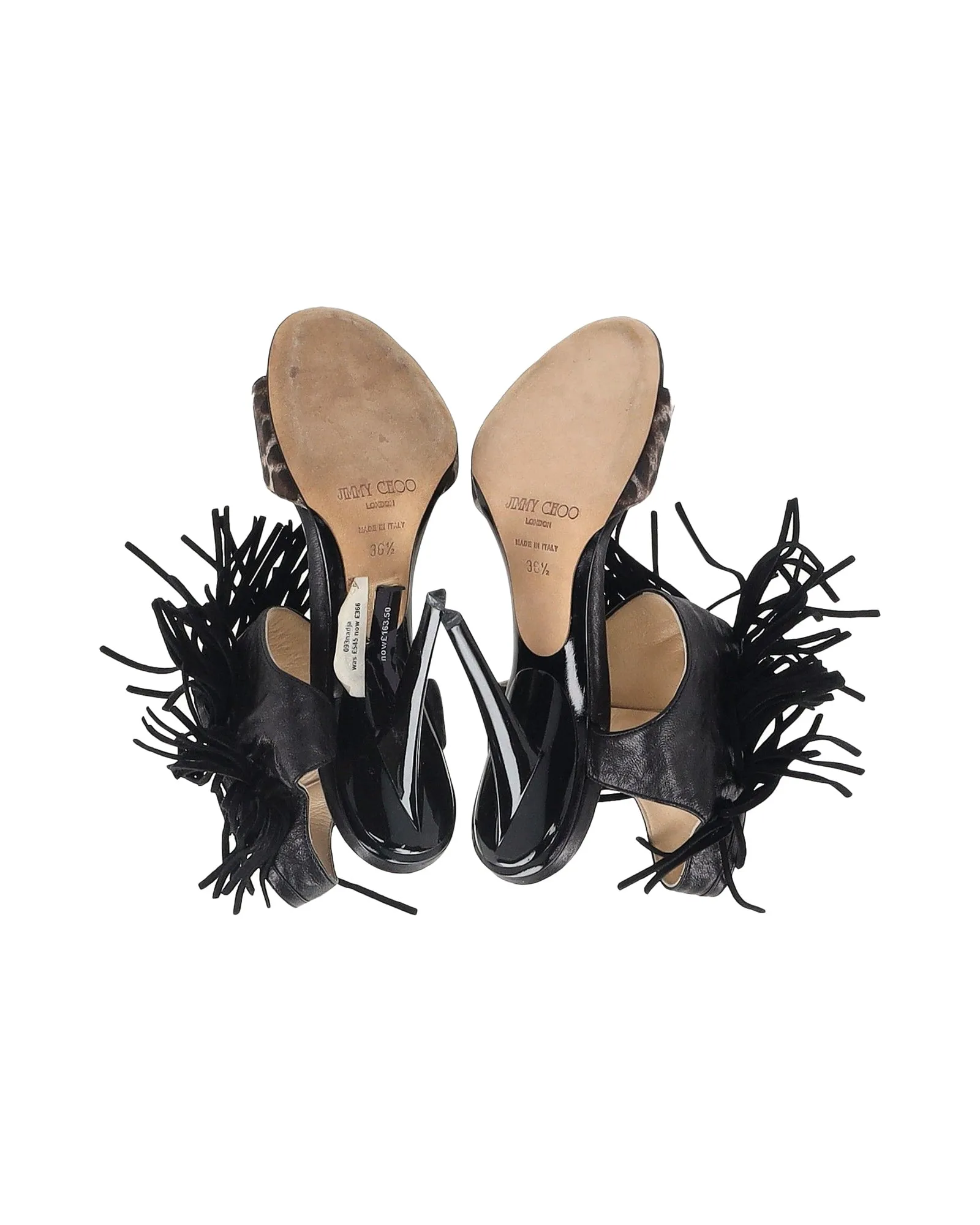 Jimmy Choo Leopard-Print Fringe Sandals in Black Leather