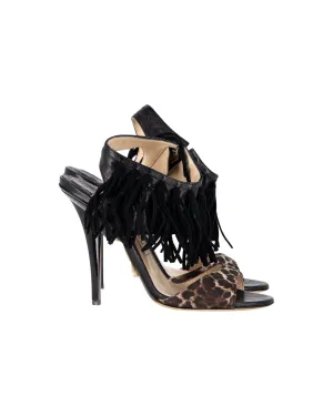 Jimmy Choo Leopard-Print Fringe Sandals in Black Leather