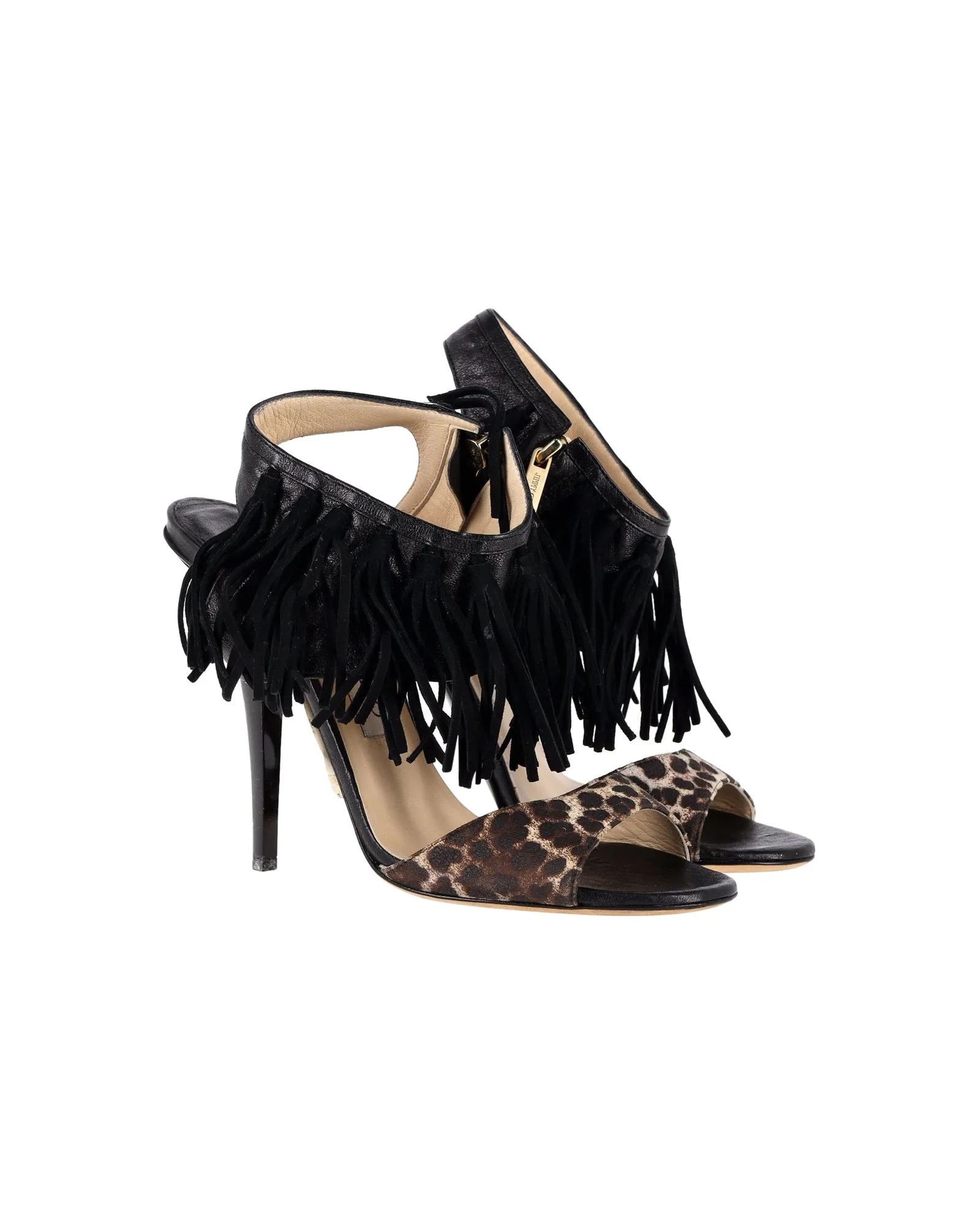 Jimmy Choo Leopard-Print Fringe Sandals in Black Leather