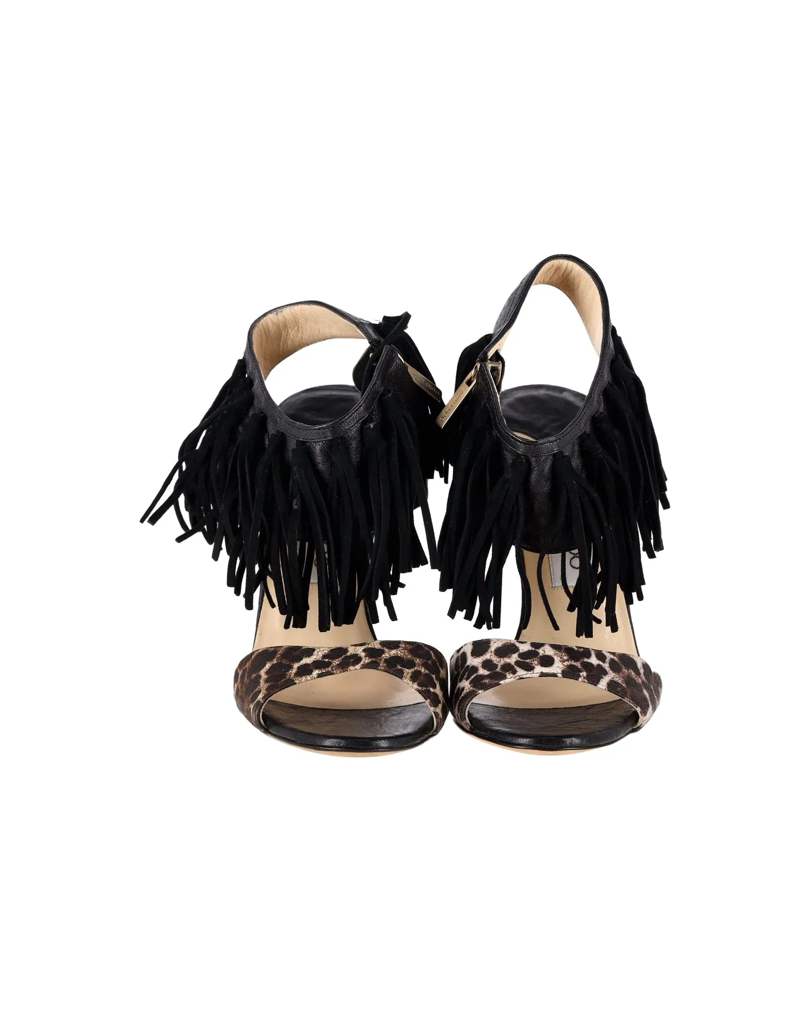 Jimmy Choo Leopard-Print Fringe Sandals in Black Leather