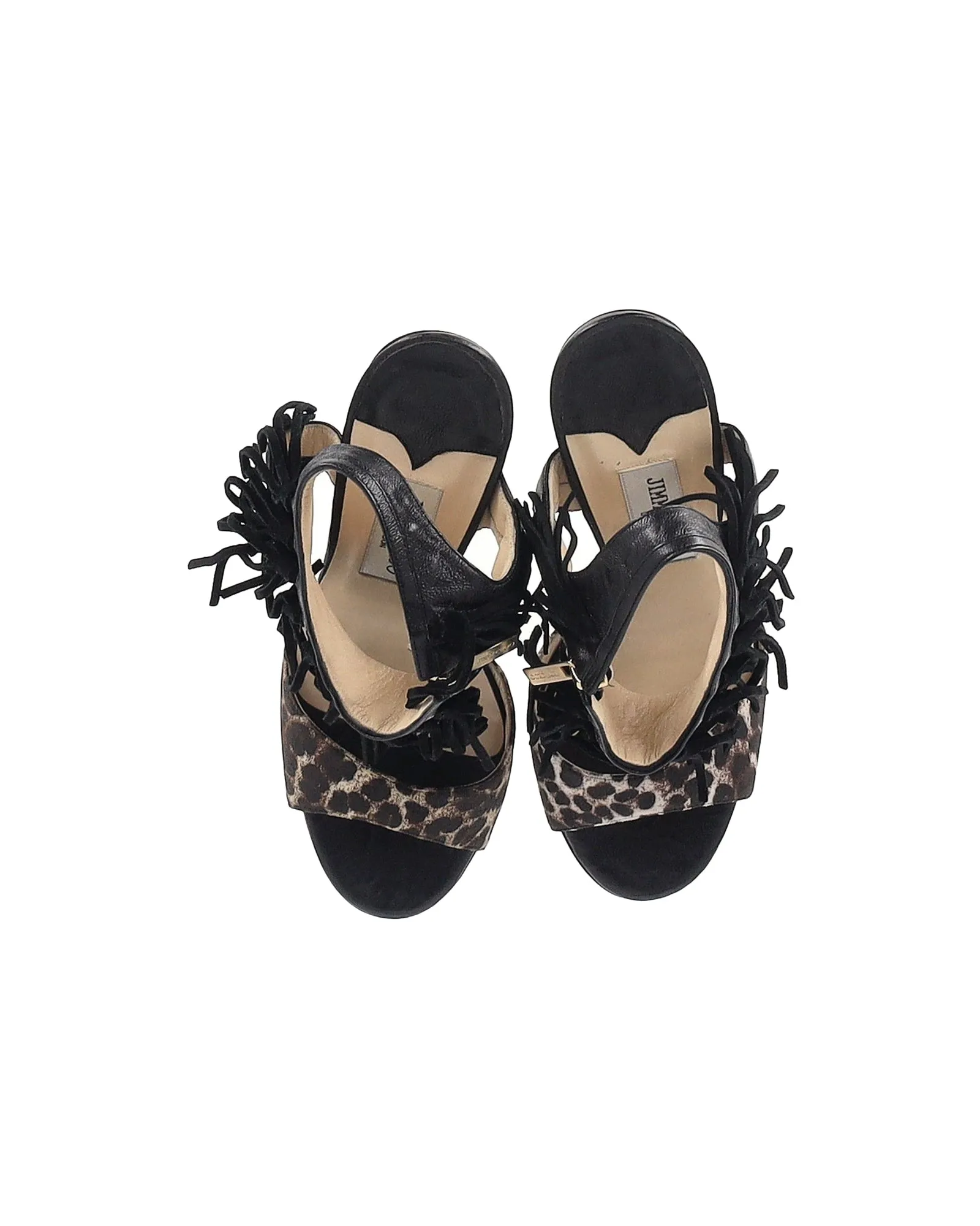 Jimmy Choo Leopard-Print Fringe Sandals in Black Leather