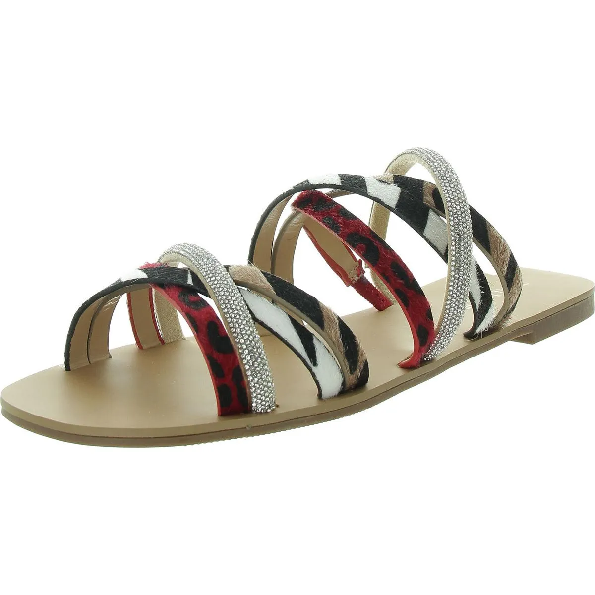 Nari Womens Embellished Faux Leather Slide Sandals
