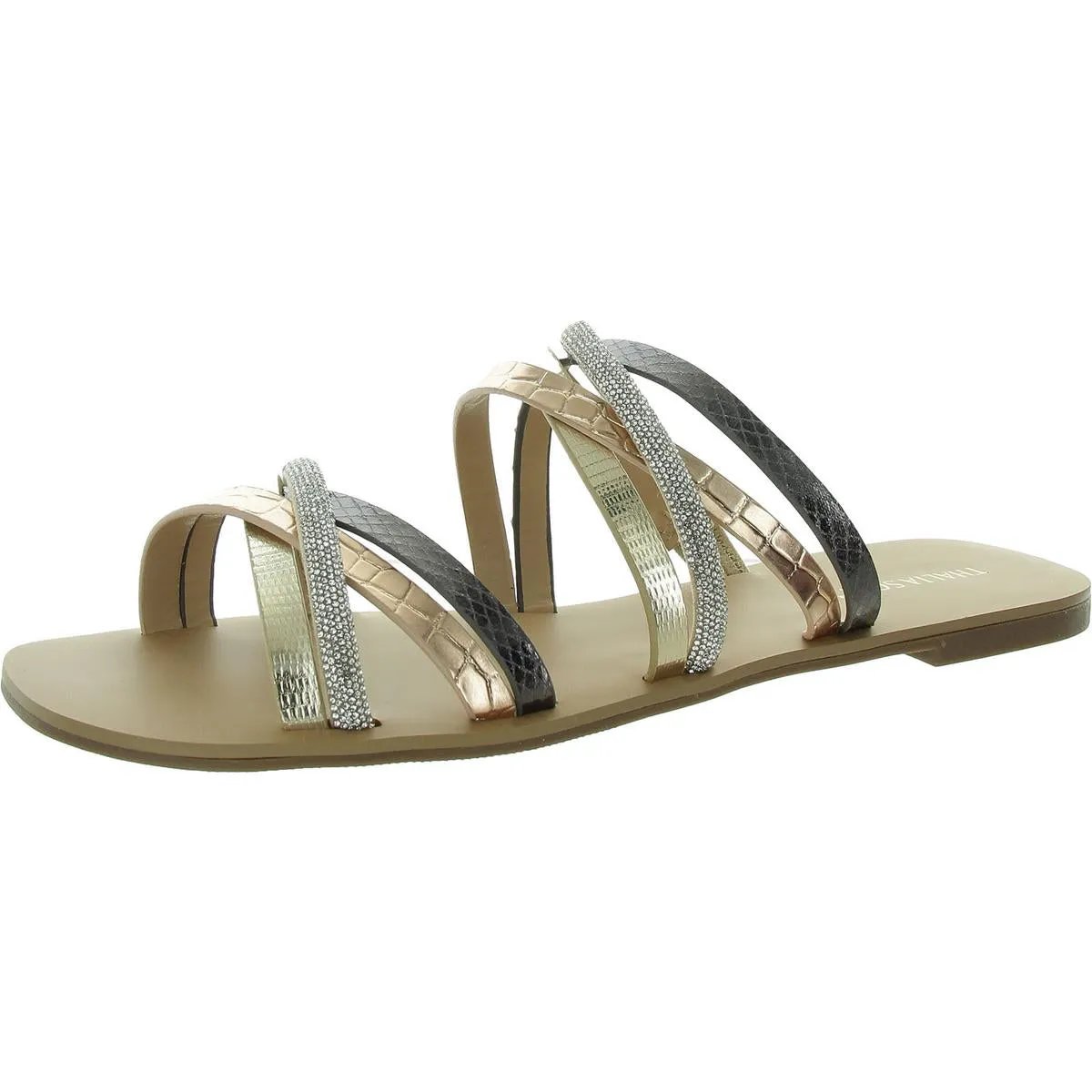 Nari Womens Embellished Faux Leather Slide Sandals