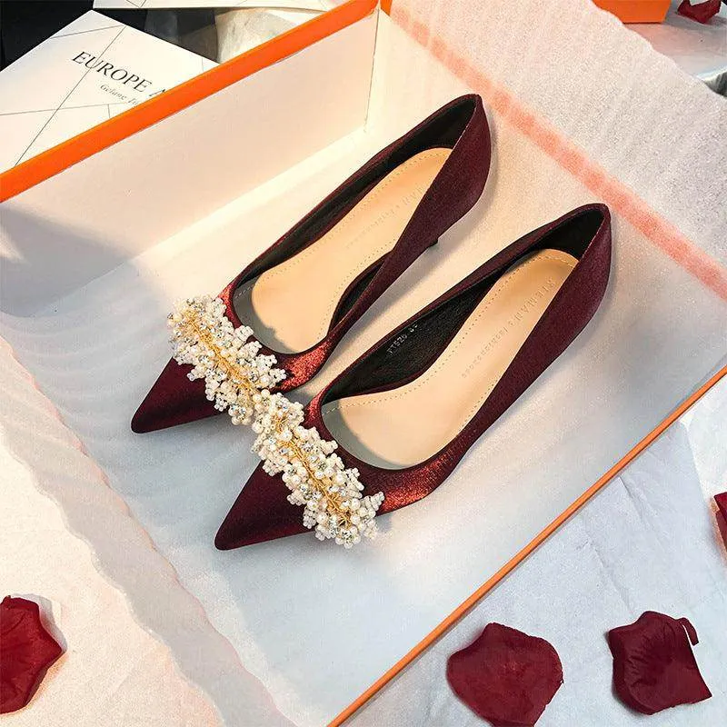 Pearl Satin Pointy Stiletto Heels 683923492274
