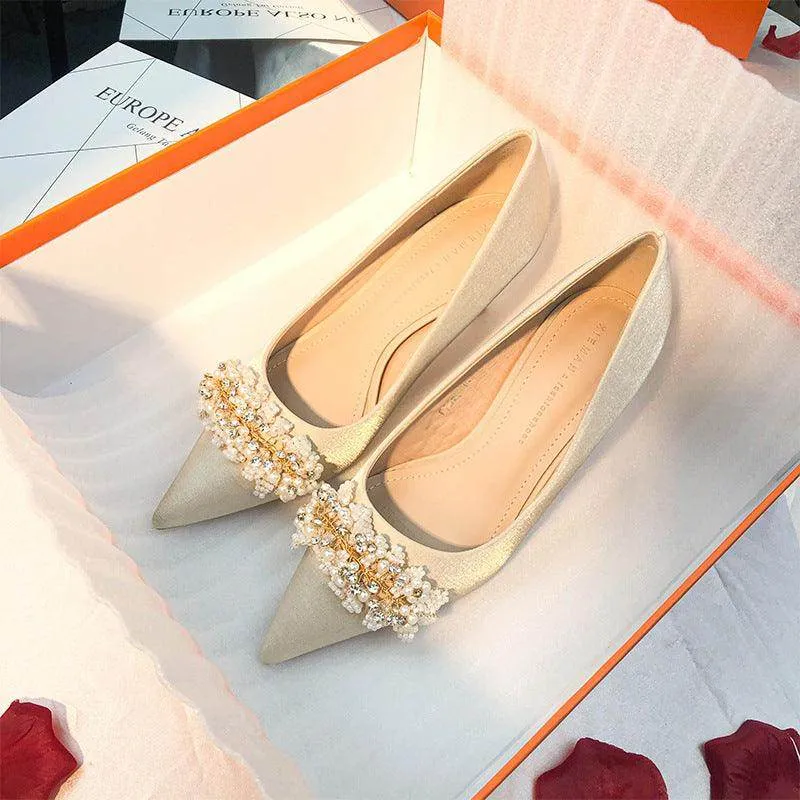 Pearl Satin Pointy Stiletto Heels 683923492274