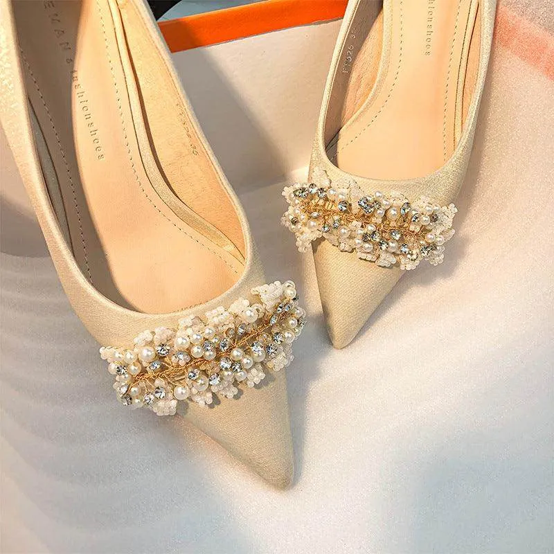 Pearl Satin Pointy Stiletto Heels 683923492274
