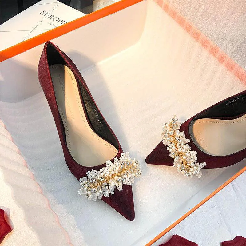 Pearl Satin Pointy Stiletto Heels 683923492274