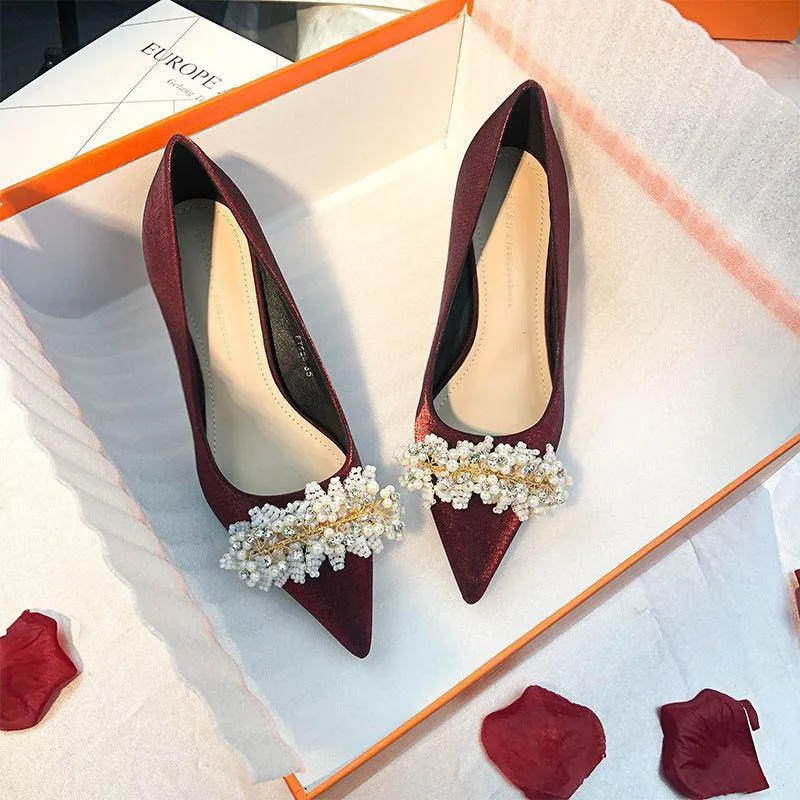 Pearl Satin Pointy Stiletto Heels 683923492274