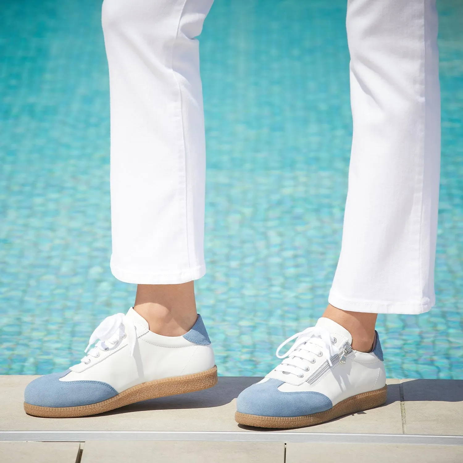 Pixie: White Leather & Denim Suede