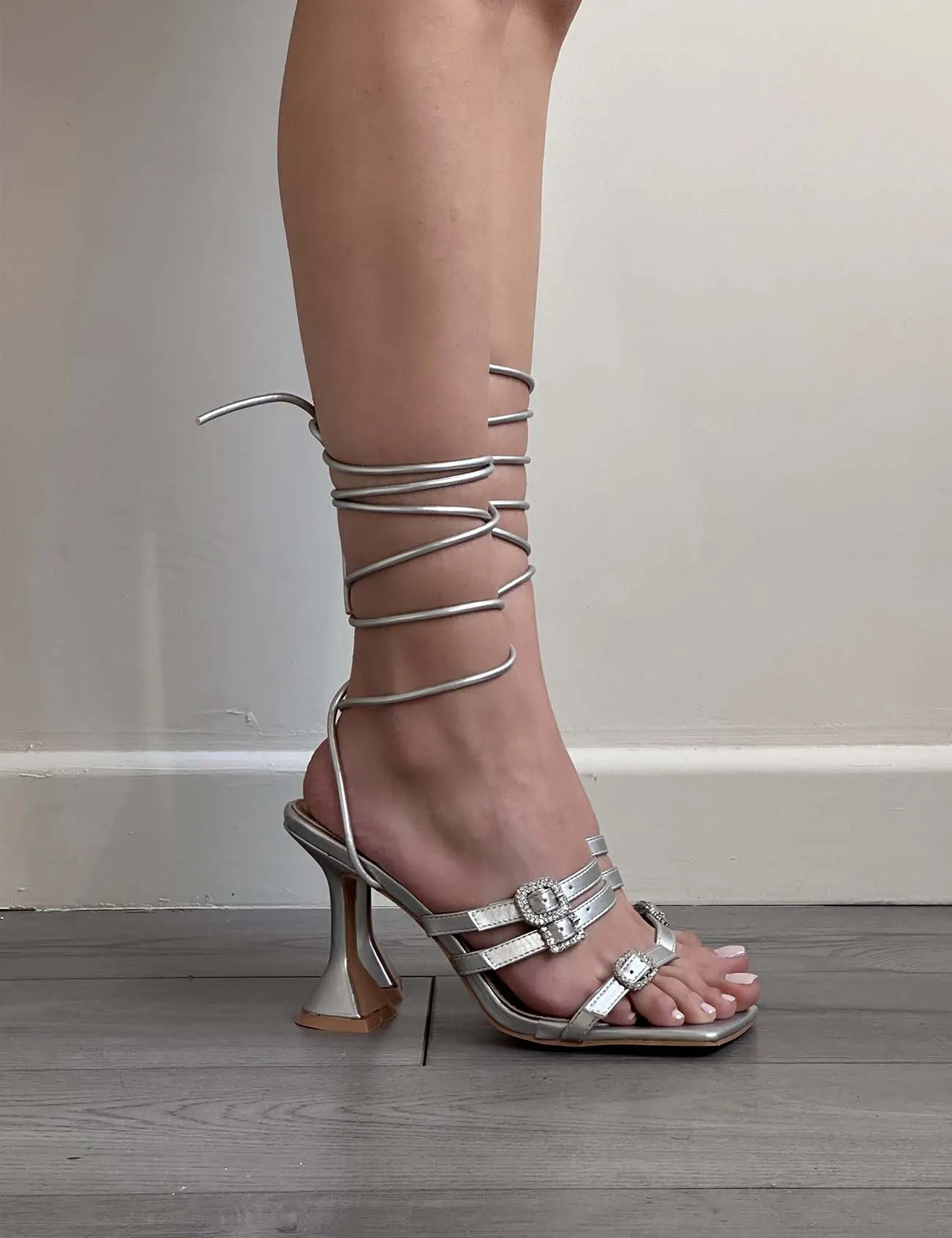 PUBLIC DESIRE - DELILAH SILVER STRAPPY HEELS