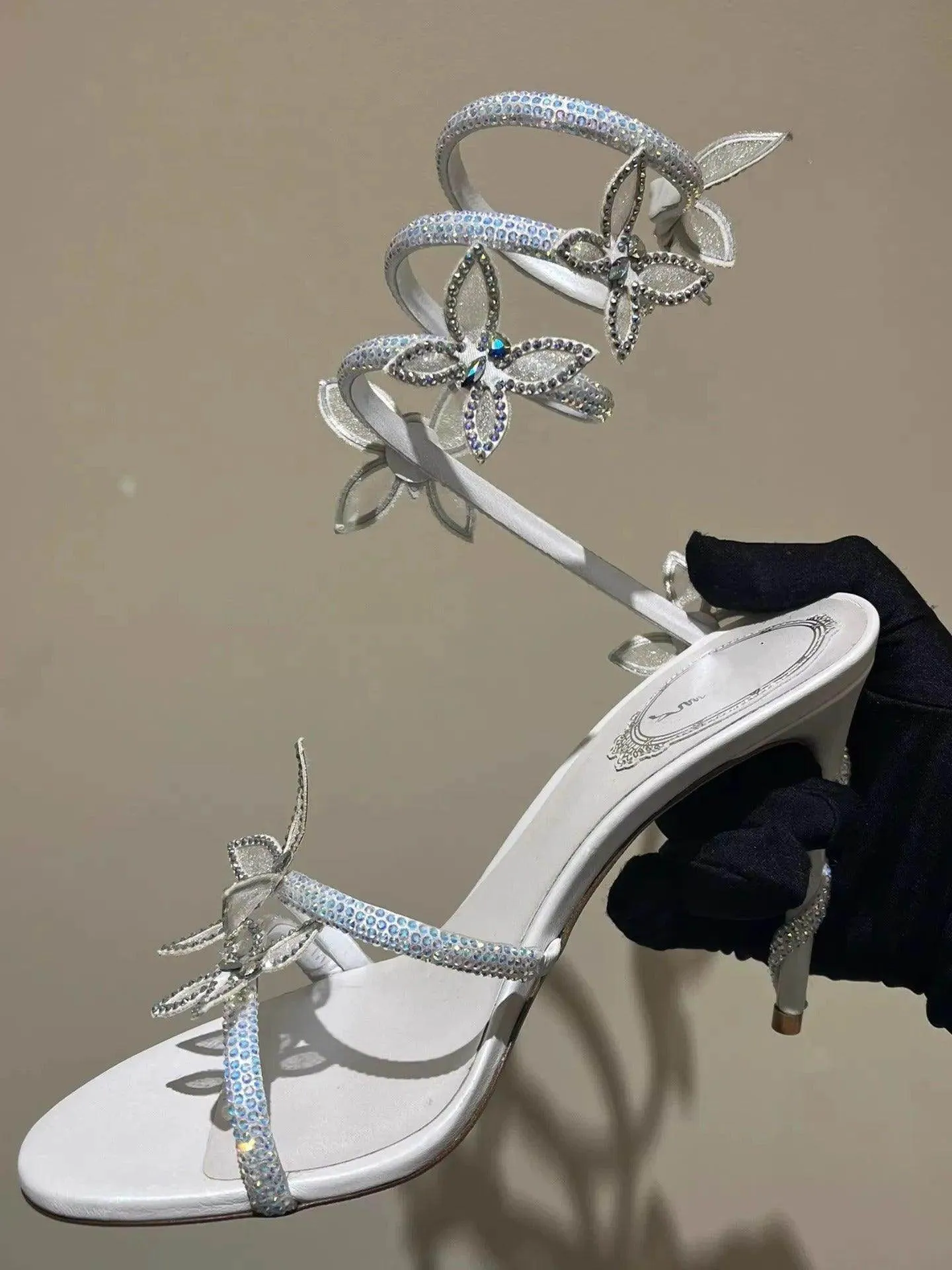 Rhinestone Ankle Strap Round Stiletto Heels  773927533050