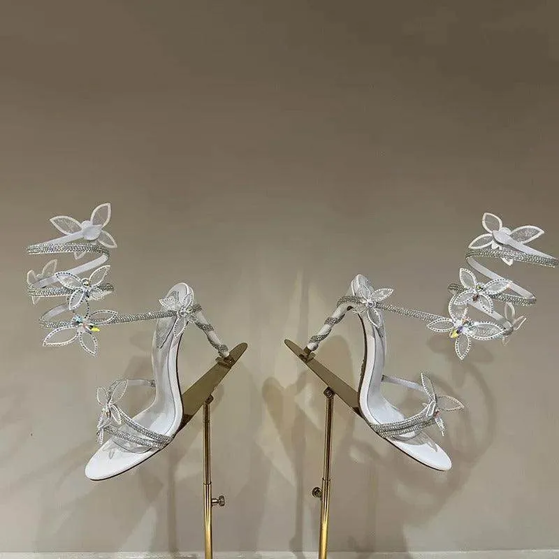 Rhinestone Ankle Strap Round Stiletto Heels  773927533050