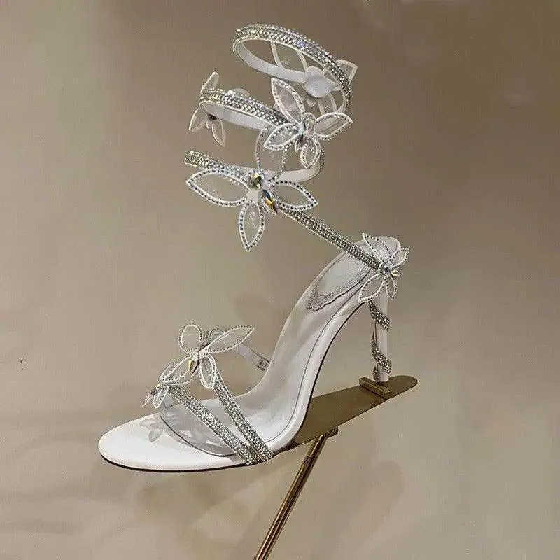 Rhinestone Ankle Strap Round Stiletto Heels  773927533050
