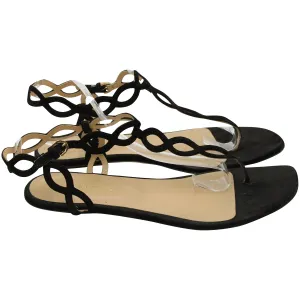 Sergio Rossi Laser-Cut Curved Design Flat Sandals in Black Suede