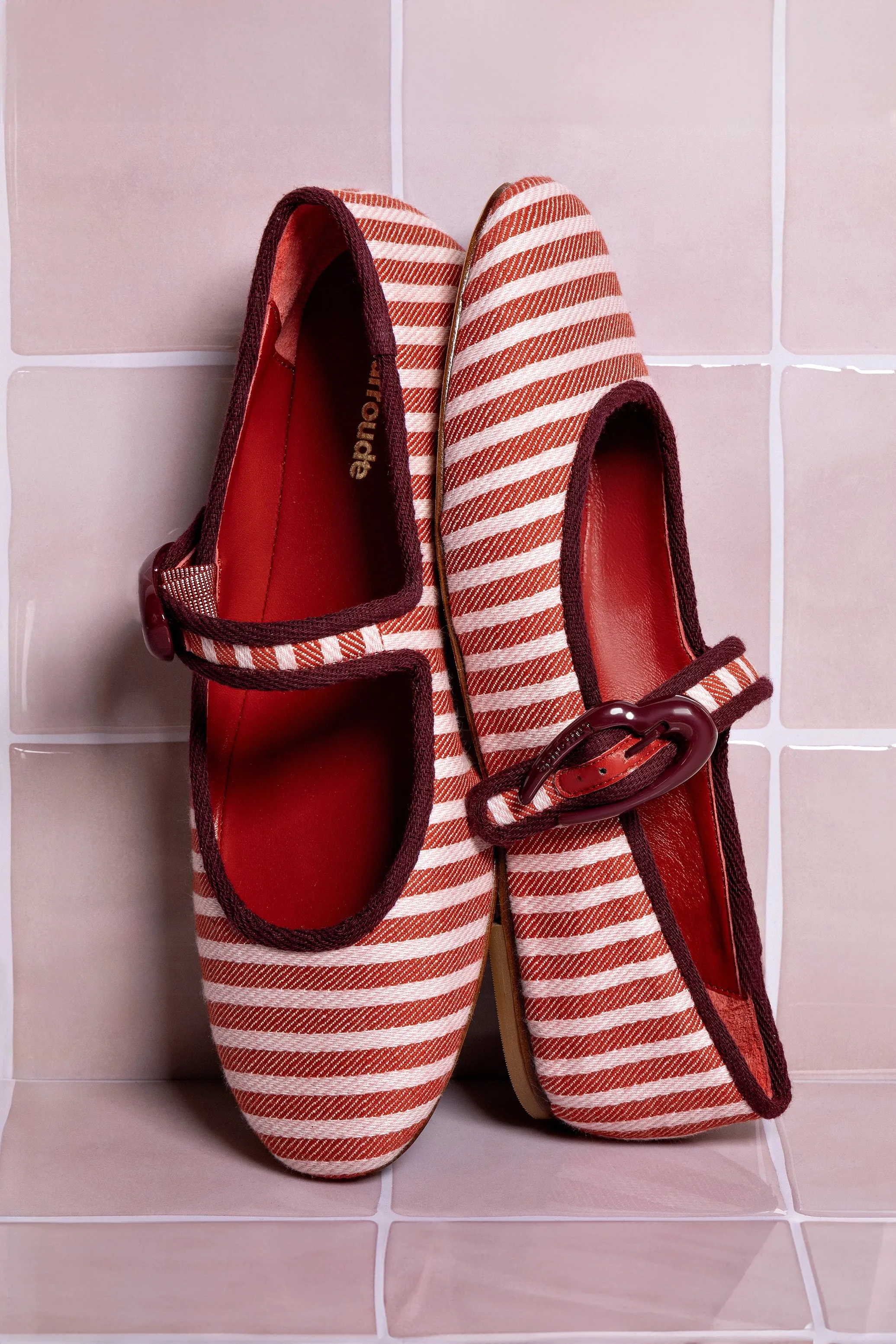 Verona Ballet Flat In Tulip and Carmine Striped Fabric and Burgundy Trimming